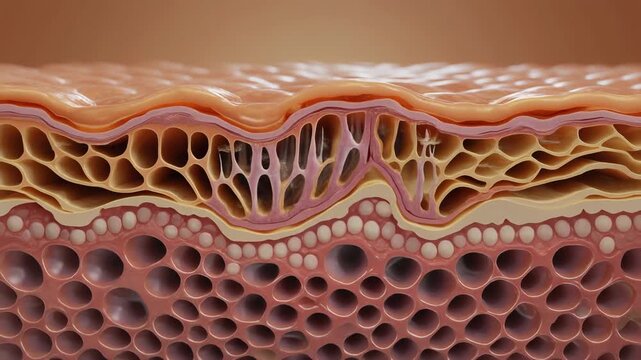 Microscopic view of skin layers showing dermis and epidermis, with cells and structures visible