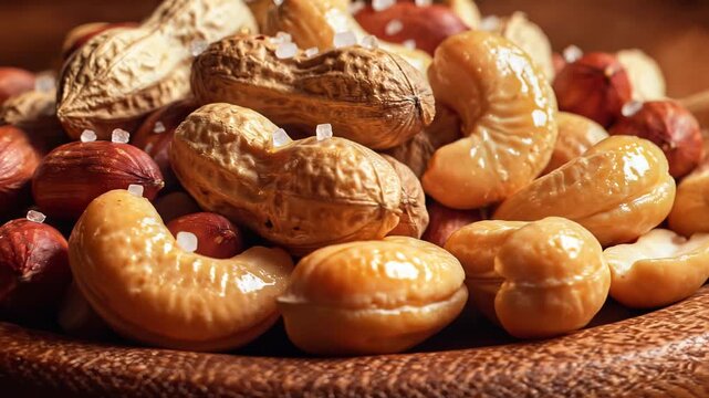 Close up assortment of mixed nuts displaying texture and detail for various uses