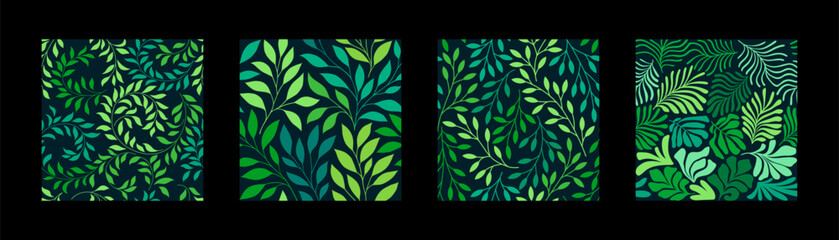 Set of seamless vector tropical leaf patterns with lush green foliage on a dark background. Ideal for wallpaper, textile, fabric, wrapping paper, packaging, stationery, home decor.