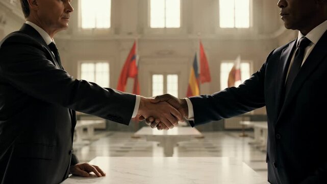 Diverse diplomats finalize strategic agreement with firm handshake