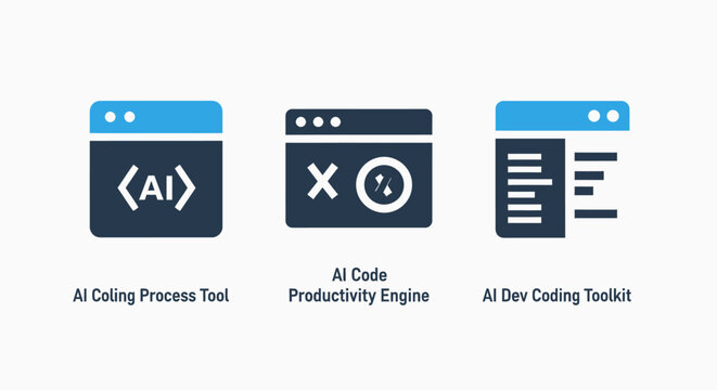 Ai dev coding toolkit, AI coding process tool, and code productivity engine icons for software development