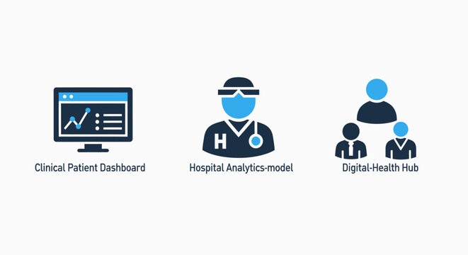 Clinical patient dashboard, hospital analytics model, and digital health hub icons