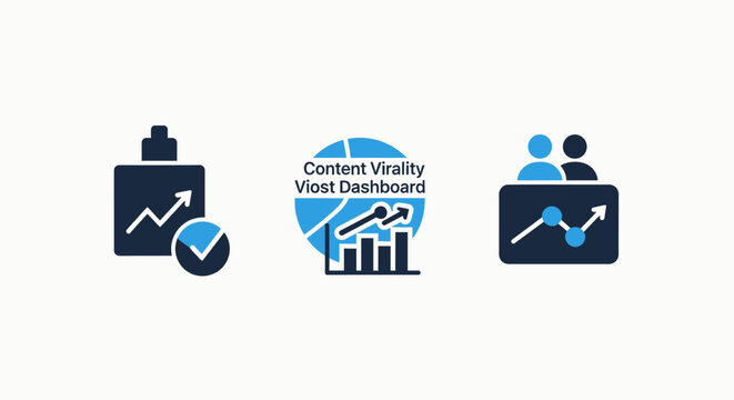 Content virality dashboard, performance growth, and data analytics icons - digital business strategy and marketing