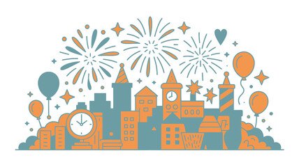 Obraz premium A vibrant city skyline illustration celebrating a special occasion with fireworks and balloons