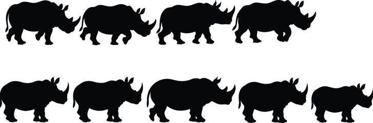 Nine rhinoceros silhouettes in varied sizes and shapes, animal diversity, wildlife illustration, pattern recognition, motion study, educational design concept © MDAMIRHAMJA
