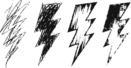 set of four black grunge lightning bolts with distressed texture design elements