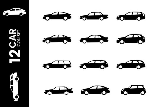 A set of black and white car icons on a clean background