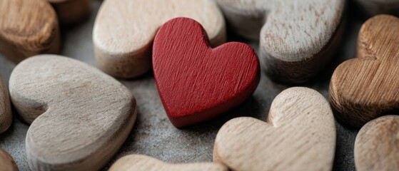 Obraz premium The Red Heart Among Natural Wooden Hearts on Rustic Surface