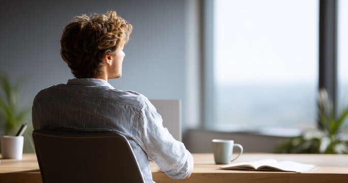 Young man sitting at desk looking outside