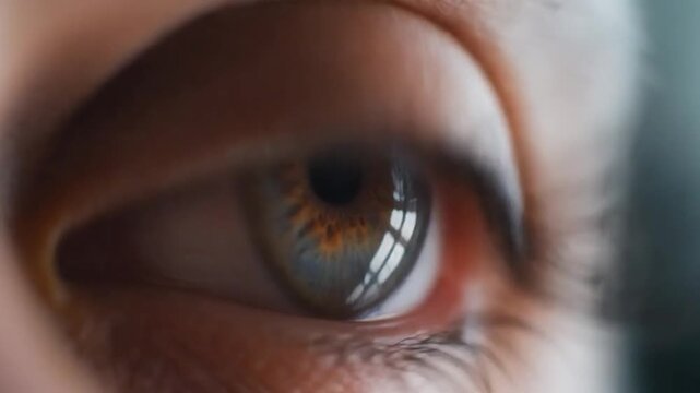 Close-up of a human eye with light brown iris and long eyelashes looking at a blurred window background, possibly for health or beauty use