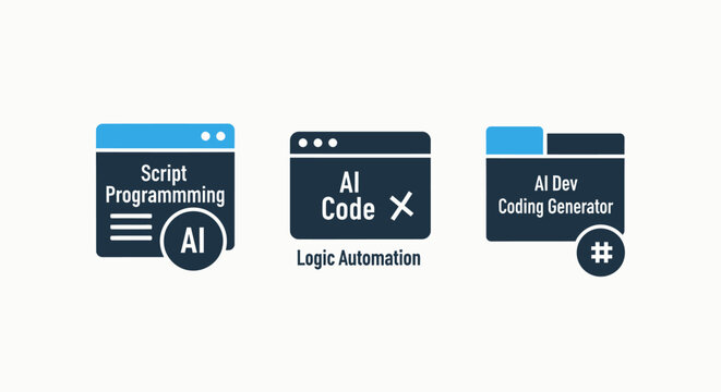 Ai script programming, logic automation, and AI dev coding generator icons for software development