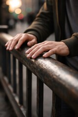Person's hands gently resting on a textured metal railing, creating a feeling of thoughtful contemplation and connection with the city environment amidst blurred streetlights in the background