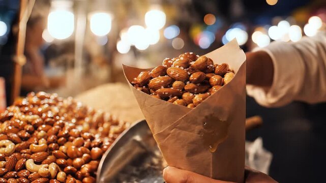 Close up of hands filling a paper bag with roasted nuts