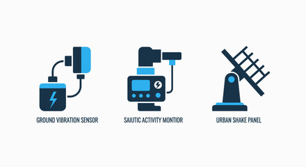 Obraz premium Ground vibration sensor and seismic activity monitoring system urban shake panel icons