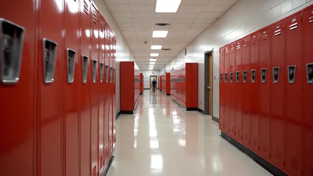 Teenager walks down empty school hallway with red lockers