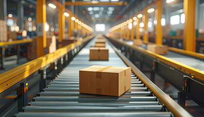 Fototapeta premium Cardboard boxes on conveyor belt in modern warehouse, Logistics and automated delivery system concept, Parcel distribution center.