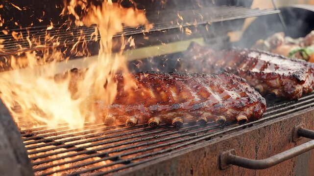 Grilled ribs on a bbq grill with flames and smoke close up