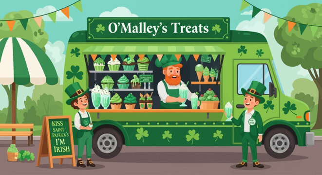 A festive St. Patrick's Day scene featuring a green food truck named O'Malley's Treats, with staff in leprechaun attire serving customers.