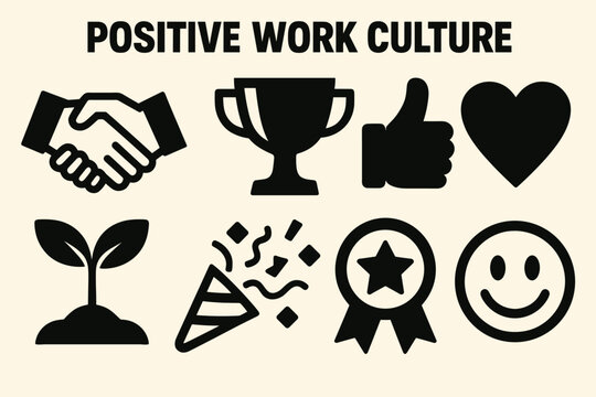 Bold Work Icons. Positive Work Culture silhouette set: handshake, trophy, thumbs up, heart, plant sprout, celebration confetti, star badge, smili