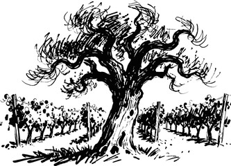 Fototapeta premium ancient gnarled tree with twisted branches in vineyard landscape vintage ink sketch