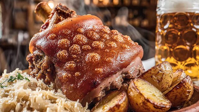 Roasted pork knuckle dish with beer and side dishes