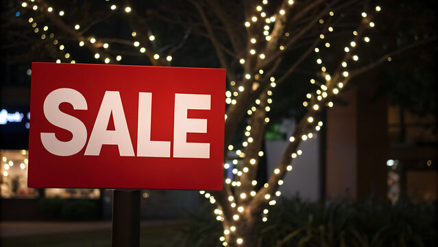 Bright holiday lights with a prominent red sale sign in the foreground