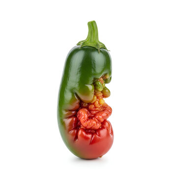 Unusual Deformed Green and Red Pepper Isolated on White Background.