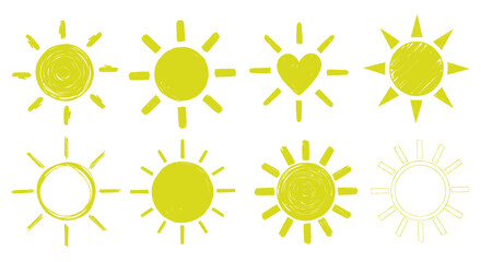 Sun icons set with various rays and heart symbol, yellow and white