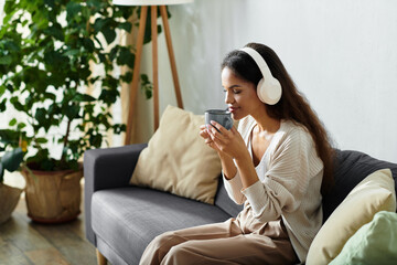 Fototapeta premium Young beautiful woman enjoys a peaceful moment with tea while listening to music at home