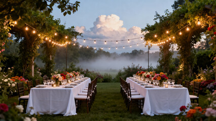 Garden party tables arranged symmetrically under hanging lights