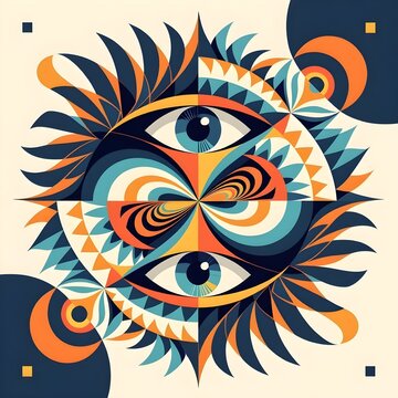 composicion abstracta que muestra unos ojos rodeados de formas puntiagudas y onduladas en colores vistosos sobre fondo color claro