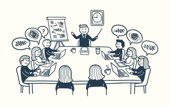 Business team meeting and presentation doodle with leader showing growth charts on flipchart to colleagues