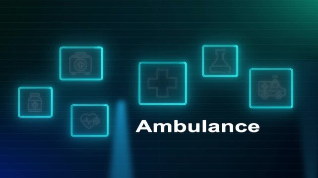 Emergency response ambulance icon glowing blue alongside cardiology healthcare laboratory symbols dark cyan digital medical grid background interface software.
