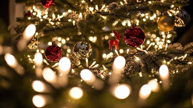 Christmas Tree Decorated with Lights and Ornaments.