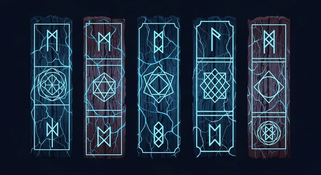 Neon Glowing Geometric Symbols Patterns.