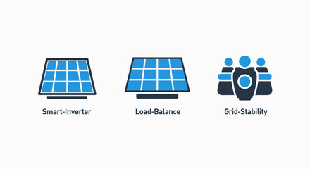 Smart grid energy technology icons: inverter, load balance, and grid stability for sustainable power systems