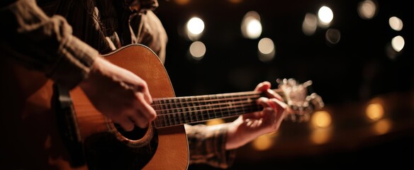 Obraz premium The Acoustic Guitar Strummed by Musician in Dimly Lit Venue with Warm Bokeh Lights