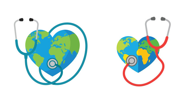 Global health concept a stethoscope shaped like a heart around earth
