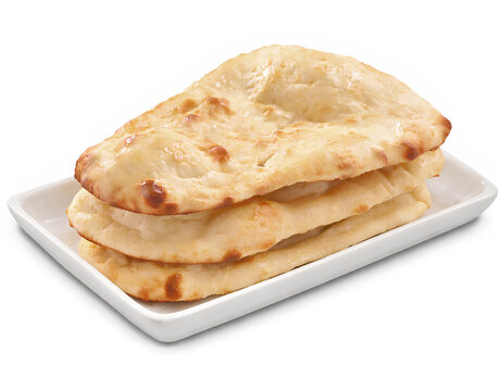 Traditional tandoori naan bread baked in a clay oven (tandoor), stacked on a white plate and isolated on a white background. This soft, golden Indian flatbread is a classic accompaniment to curry, keb