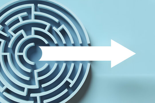 Circular labyrinth with straight arrow exit icon &mdash; efficient problem solving, shortcut strategy and streamlined decision path concept