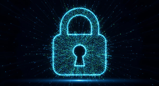 Energetic blue glowing padlock exploding with particles on dark background perfect for tech security abstract visuals