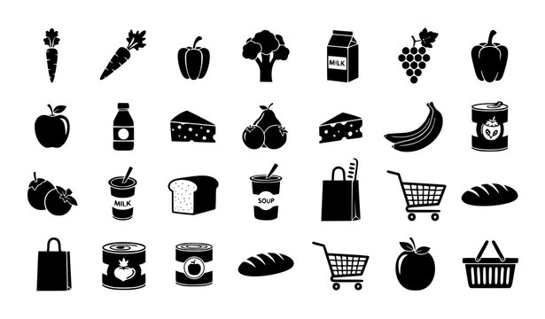 Minimal Black Silhouette Food and Grocery Vector Icons for Market and Retail