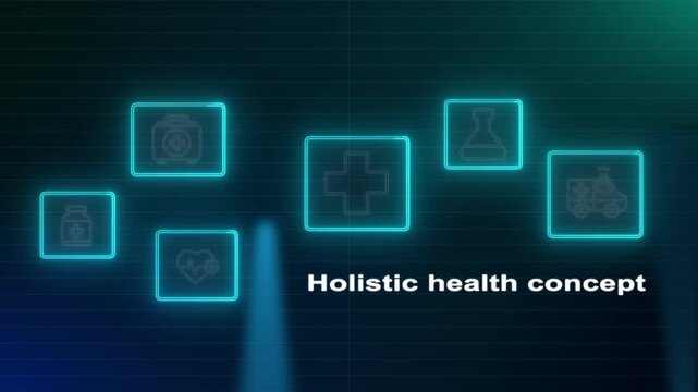 Holistic health concept animation showcasing integrative medical icons for emergency cardiology and pharmaceutical research on dark cyan digital grid background.
