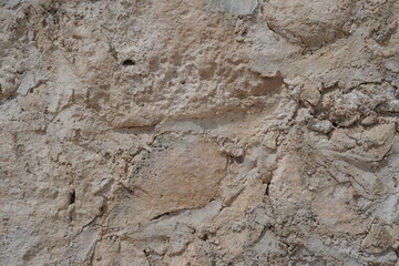 Naklejka premium This close-up reveals a rugged, weathered limestone wall. The surface features deep pits, cracks, and a porous texture in shades of beige and tan, showcasing a rustic and ancient geological character.