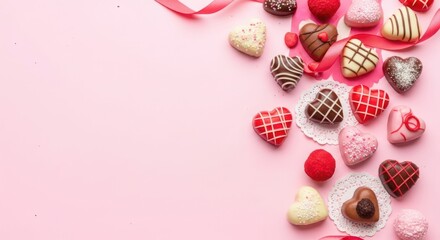 A beautiful holiday decoration featuring sweet chocolate Easter eggs and flowers in a heart shape, creating a romantic pink candy dessert gift perfect for a Valentine or celebration