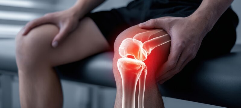 The knee pain concept showing an inflamed joint with x-ray overlay