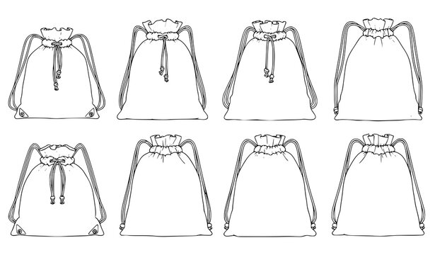 Set of drawstring backpack bags in outline style, reusable fabric sacks with straps in minimal hand drawn vector illustration collection