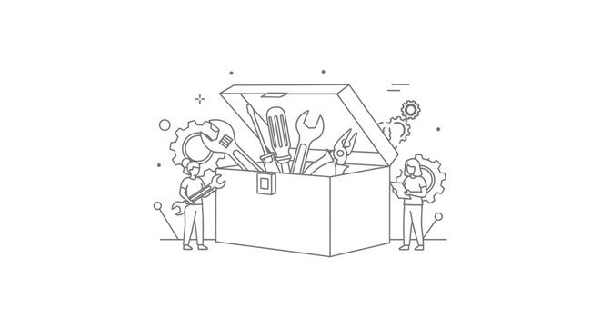 Two small figures hold tools beside an open toolbox filled with various implements, symbolizing maintenance, repair, or technical support solutions.