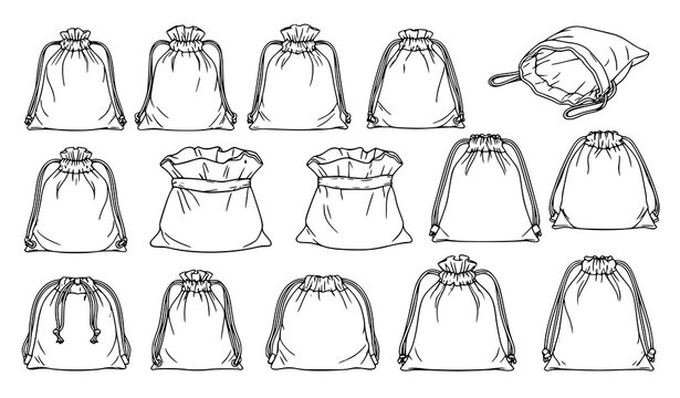 Collection of drawstring bags in various shapes, reusable fabric pouches in outline style, storage sack illustration set in hand drawn vector design