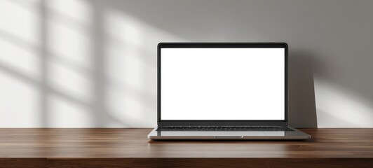 Fototapeta premium The laptop on a wooden desk with a blank screen and window shadows
